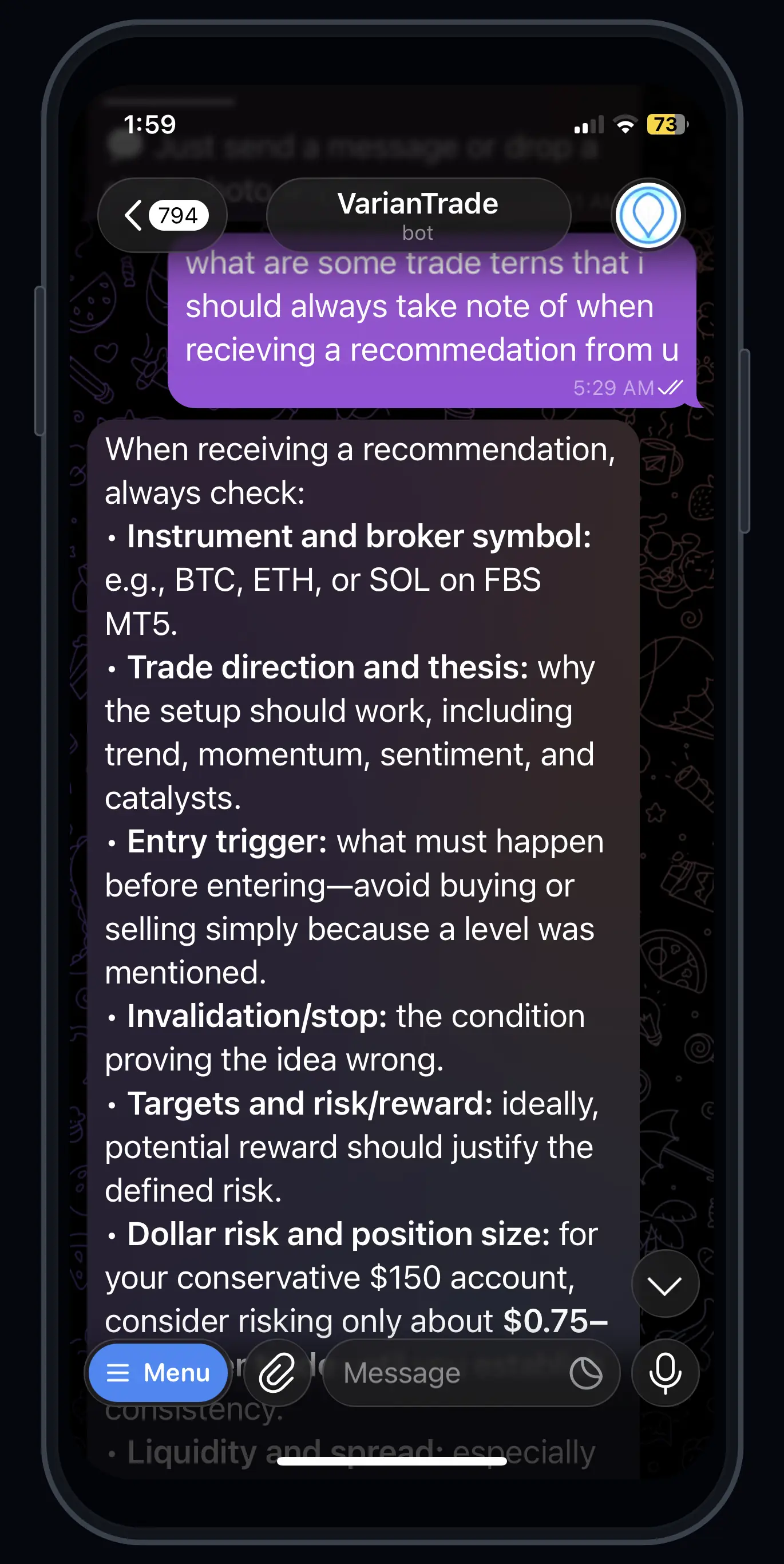 A real VarianTrade Telegram conversation listing the checks to make before acting on a trading recommendation